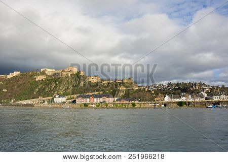 Koblenz, Germany - February 21, 2016: Fortress Ehrenbreitstein As Seen From Koblenz, A City Situated