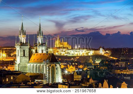 Amazing Cityscape View Of Prague Castle And Church Of Our Lady Tyn, Czech Republic During Sunset Tim