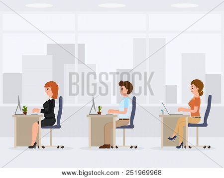 Male And Female Office Workers At The Desk. Young Working Clerks Cartoon Character