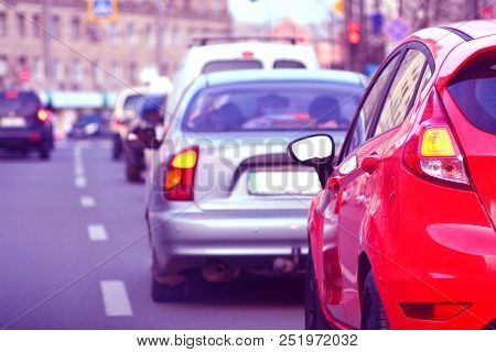 Peak Hour. Automobile Brake Lights. Traffic Jam On A Highway Street In A Big City.