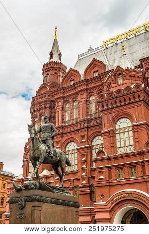 Moscow, Russia - June 11, 2018: Monument To Marshal Zhukov Near The Building Of The Historical Museu