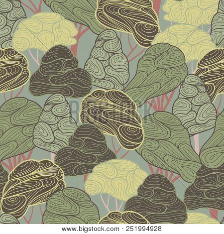 Seamless Background With Stylized Trees. Forest Bright Pattern