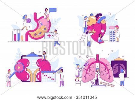 Human Organs Deseases, Sick People Heart, Lungs, Kidney And Stomach Anatomy Vector Illustration Set.
