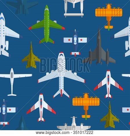Airplanes Seamless Vector Pattern. Cartoon Passenger Airplanes And War Planes, Bombers And Aeroplane