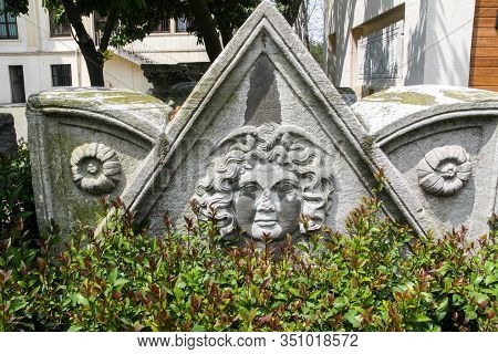 Istanbul, Turkey - April 30. 2011: Ancient Medusa Head Statue As Part Of A Sarcophagus In Istanbul A