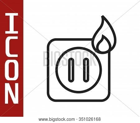 Black Line Electric Wiring Of Socket In Fire Icon Isolated On White Background. Electrical Safety Co