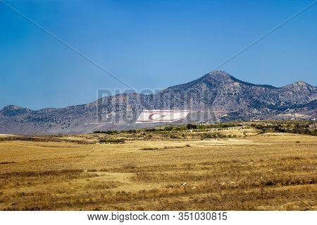 Kyrenia, Cyprus - November 08, 2017 : The Huge Flag Of Flag Of The Turkish Republic Of Northern Cypr