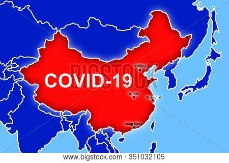 Inscription Covid-19 On Abstract China Map. Coronavirus Disease Named Covid-19. Map With Contours Of