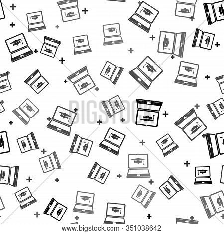 Black Graduation Cap And Laptop Icon. Online Learning Or E-learning Concept Icon Isolated Seamless P
