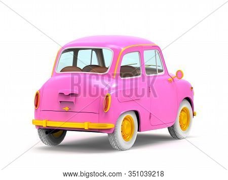 Small And Cute Cartoon Bunchy Retro Car, Back View, Isolated On White Background. 3d Illustration