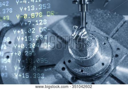The Abstract Scene Of 5-axis Cnc Milling Machine  Cutting The Sample   Parts By Solid Ball Endmill T