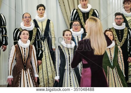 Bucharest, Romania - January 14, 2019: Members Of The Romanian Madrigal Choir (corul Madrigal) Perfo