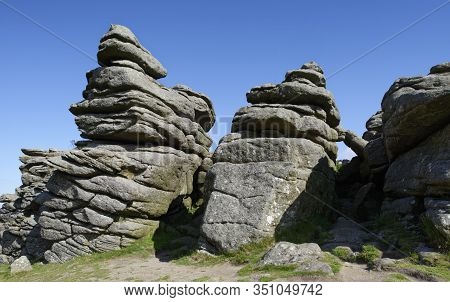 Morning Sun On Granite Rocks Of Hound Tor, Dartmoor, Devon; Uk