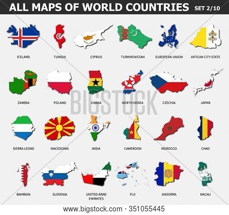 All Maps Of World Countries And Flags . Set 2 Of 10 . Collection Of Outline Shape Of International C