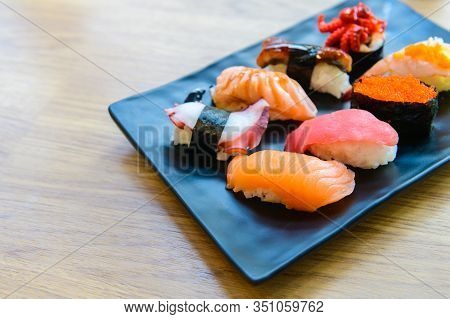 Nigiri Sushi Set With Salmon, Grouper, Eel, Tuna And Prawn
