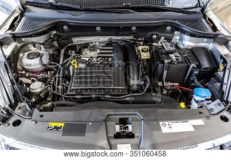Samara, Russia - February 15, 2020: Car Engine Of New Vehicle Skoda Karoq, Under The Hood Of A Vehic