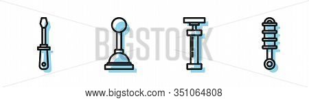 Set Line Car Air Pump, Screwdriver, Gear Shifter And Shock Absorber Icon. Vector