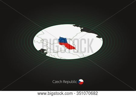 Czech Republic Map In Dark Color, Oval Map With Neighboring Countries. Vector Map And Flag Of Czech 