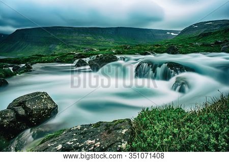 Part Of Dynjandi, Fjallfoss, Waterfall, Iceland. Long Exposure Icelandic Summer Landscape