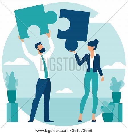 Flat Design Business Neamwork Concept. Team Solution Metaphor. Young Buciness People Solving Puzzle,