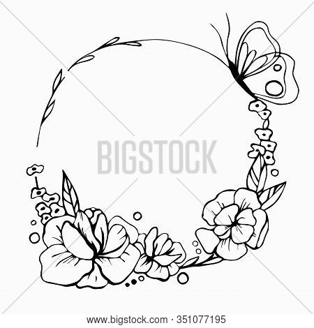 Black And White Floral Illustration. Vector Flowers In Circle. Spring Blossom. Hand Drawn Linear Car