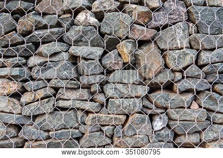 Fence Made Of Stones In Metal Mesh, Close-up Of Gabion For Use In Civil Engineering, Road Building L
