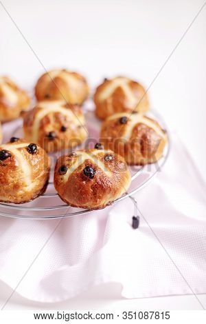 Cross-buns Containing Dried Fruits Are Traditionally Eaten During Lent Before Easter. Selective Focu