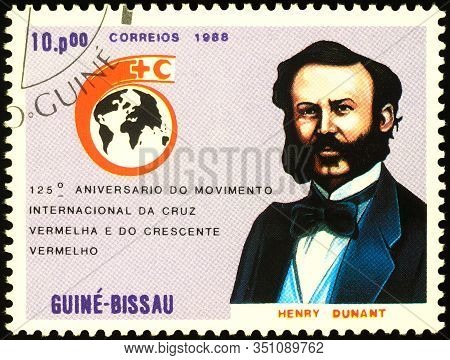 Moscow, Russia - February 14, 2020: Stamp Printed In Guinea-bissau, Shows Portrait Of Henri Dunant (