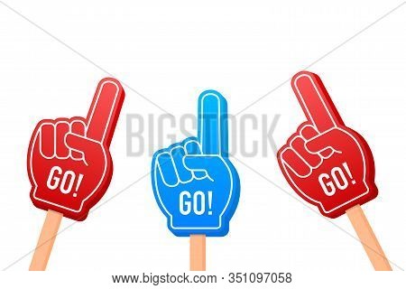 Cartoon Fan Foam Color Gloves On Hands. Hand Up With Go. Vector Stock Illustration.
