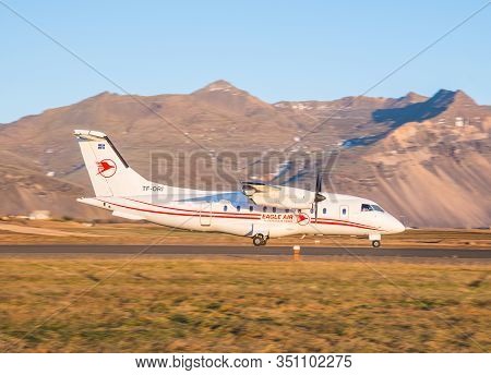 Hornafjordur Iceland - October 27. 2019: Eagle Air Dornier 328 Turboprop Airplane Take Of At Hornafj