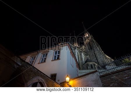 Brno Cathedral Of Saints Peter And Paul, Seen From The Bottow Of Petro Hill, At Night, Surrounded By