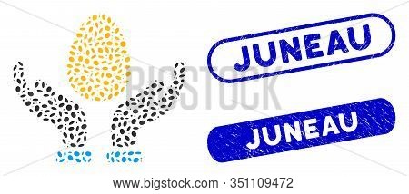 Mosaic Gold Egg Care Hands And Grunge Stamp Seals With Juneau Phrase. Mosaic Vector Gold Egg Care Ha