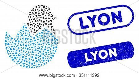 Mosaic Newborn And Distressed Stamp Seals With Lyon Caption. Mosaic Vector Newborn Is Formed With Ra