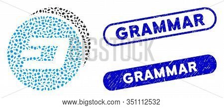 Mosaic Dash Coins And Distressed Stamp Seals With Grammar Text. Mosaic Vector Dash Coins Is Designed