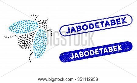Mosaic Fly Insect And Corroded Stamp Seals With Jabodetabek Phrase. Mosaic Vector Fly Insect Is Form