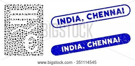 Mosaic Euro Report And Corroded Stamp Seals With India, Chennai Phrase. Mosaic Vector Euro Report Is
