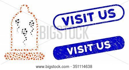 Mosaic Sperm In Condom And Rubber Stamp Seals With Visit Us Text. Mosaic Vector Sperm In Condom Is F
