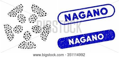 Mosaic Team And Corroded Stamp Seals With Nagano Phrase. Mosaic Vector Team Is Designed With Randomi