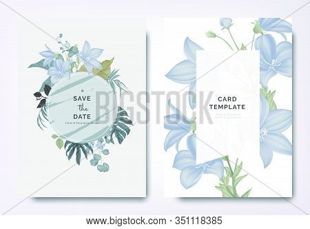 Botanical Wedding Invitation Card Template Design, Platycodon Or Balloon Flowers And Leaves With Cir