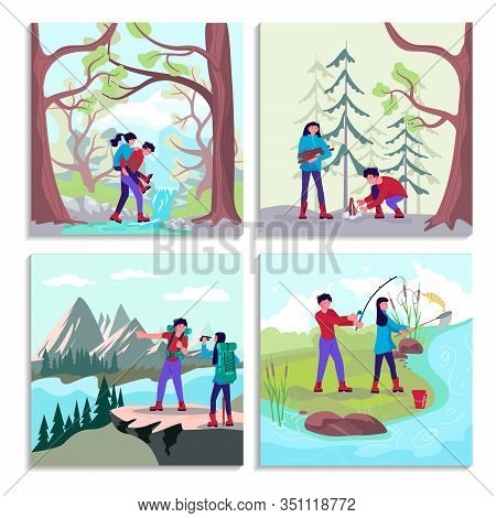 Bundle Of Concept Vacations Outdoor Picnic Bivouac In Forest. Happy Man And Woman Backpackers Hikers