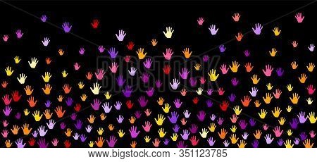 Colorful Hands Group Art Therapy Vector Illustration. Hands In Paint Of Yellow Pink Violet Orange Pu