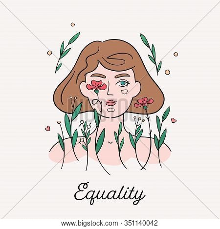 Woman Stands Behind Flowers. Greeting Card Or Print In Line Style