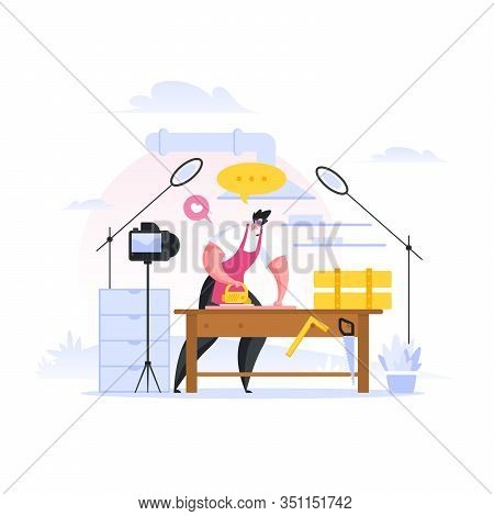 Carpenter Shooting Tutorial Video For Blog. Flat Cartoon People Vector Illustration