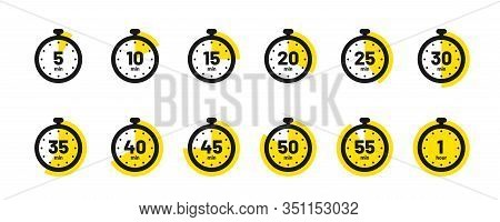 Set Of Timer And Stopwatch Icons. Kitchen Timer Icon With Different Minutes. Cooking Time Symbols An