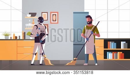 Robotic Janitor With Man Cleaner Sweeping And Cleaning Robot Vs Human Standing Together Artificial I