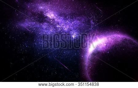 Cosmic Abstract Illustration, Purple Moon And Nebula, Shining Stars