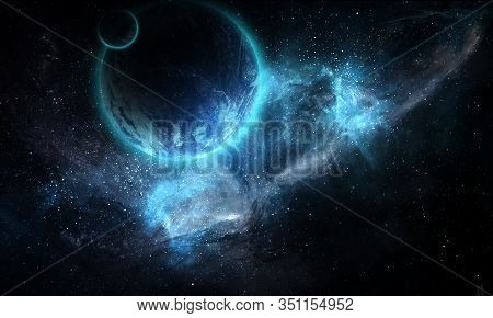 Cosmic Abstract Illustration, Purple Moon And Nebula, Shining Stars