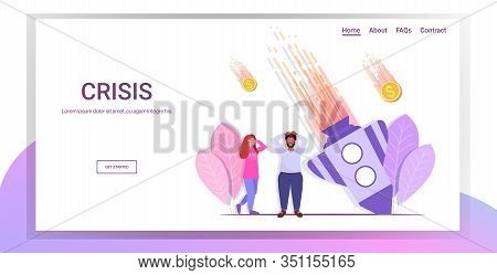 Sad Businesspeople Standing Near Fallen Rocket Startup Failure Crash Project Financial Crisis Bankru