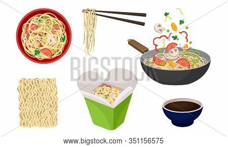 Asian Wok Udon Noodles In Paper Box And In Frying Pan With Sliced Vegetable Ingredients Floating Abo