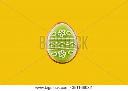 One Easter Gingerbread In Form Of Egg With Beautiful Ukrainian Ornament Painted By Glaze. Festive Tr